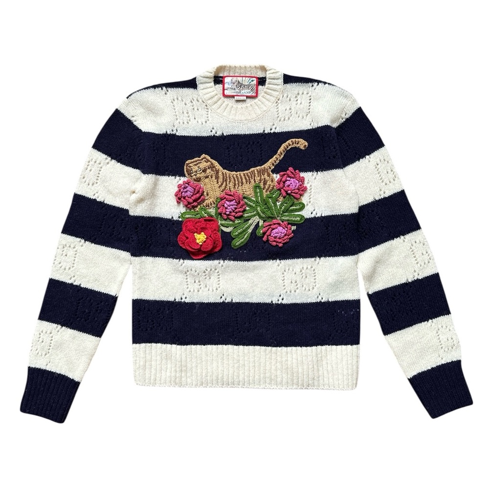 Oversized Gucci Tiger Flower Embroidered Striped Wool Sweater Pullover